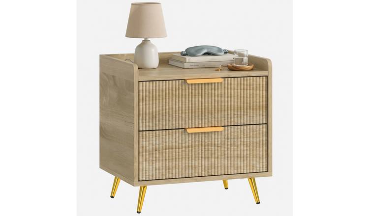 HOMCOM Bedside Table with 2 Drawers and Metal Legs - Natural Wood Finish
