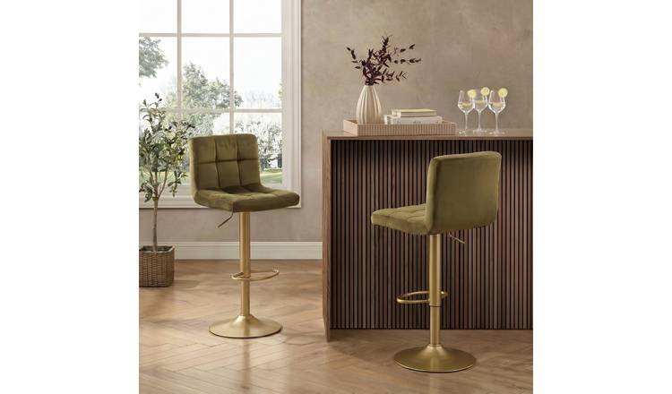OHS Set of 2 Adjustable Velvet Bar Stools - Olive/Gold