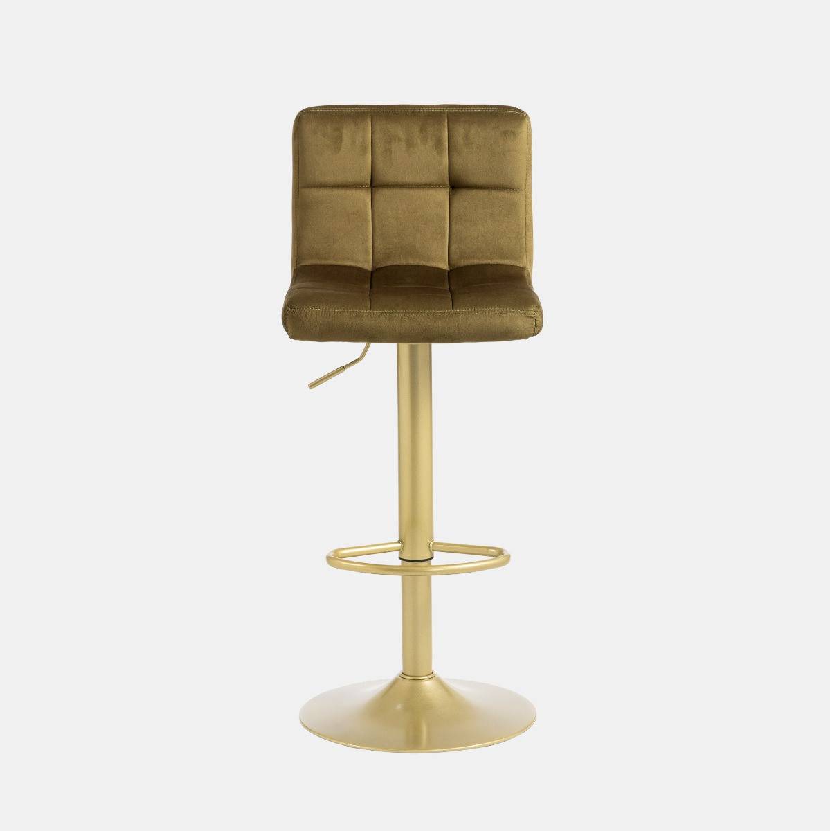 OHS Set of 2 Adjustable Velvet Bar Stools - Olive/Gold - Image 2