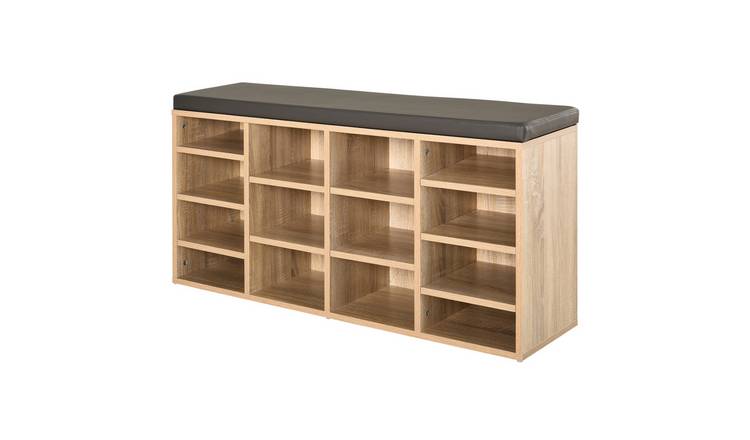 HOMCOM Shoe Rack with 14 Compartments and Seat Cushion - Natural