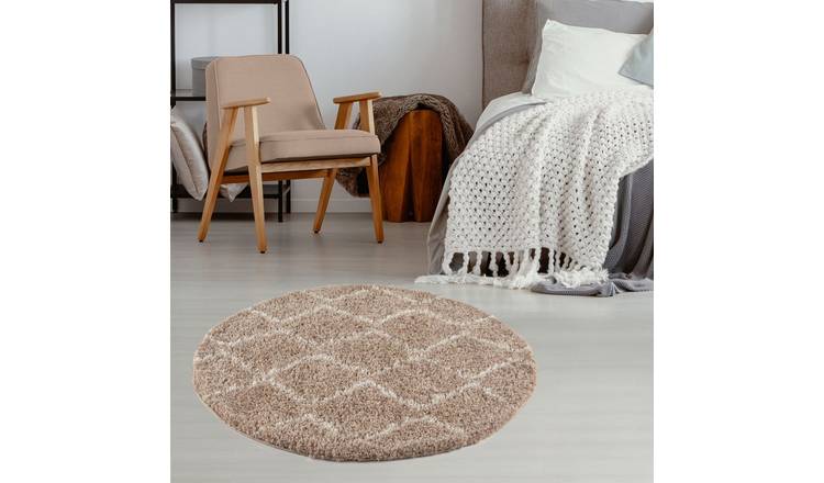 The Rugs Beige Moroccan Shaggy Zigzag Round Rug - 120cm