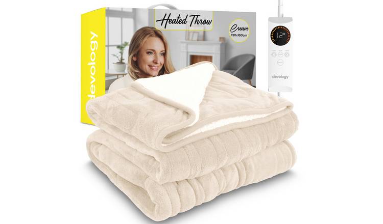 Devology Cream Shearling Electric Blanket Throw 6 Settings - Single