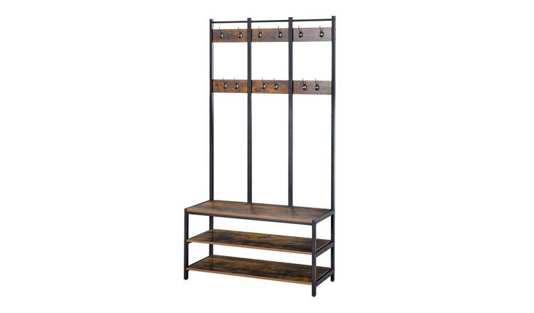 HOMCOM Coat Rack Stand with Shoe Bench - Rustic Brown