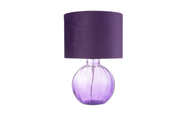 Happy Homewares Deep Purple Ribbed Glass with Soft Velvet Table Lamp - 28cm