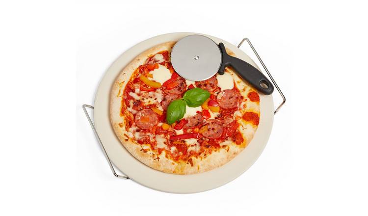 VonShef 13 Inch/33cm Ceramic Pizza Stone & Cutter Set - Stone