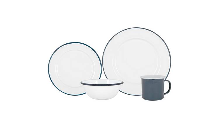 Argon Tableware 16 Piece White Enamel Dinner Set - Navy