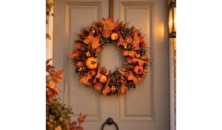 Neo 50cm Autumn Wreath with Pumpkins Pinecones Berries and Maple Leaves