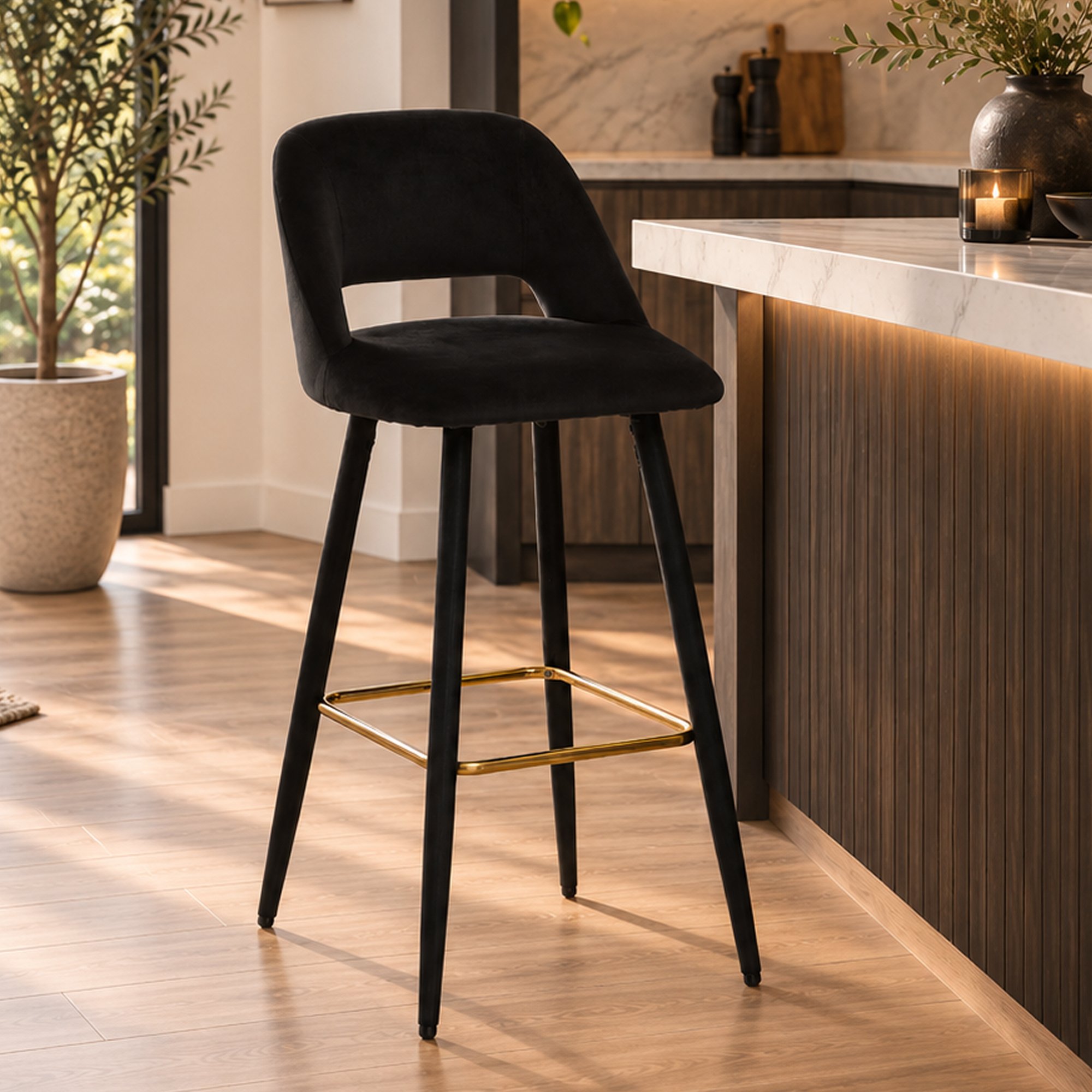 Orsina Warren Velvet Bar Chair – Black and Gold - Image 2