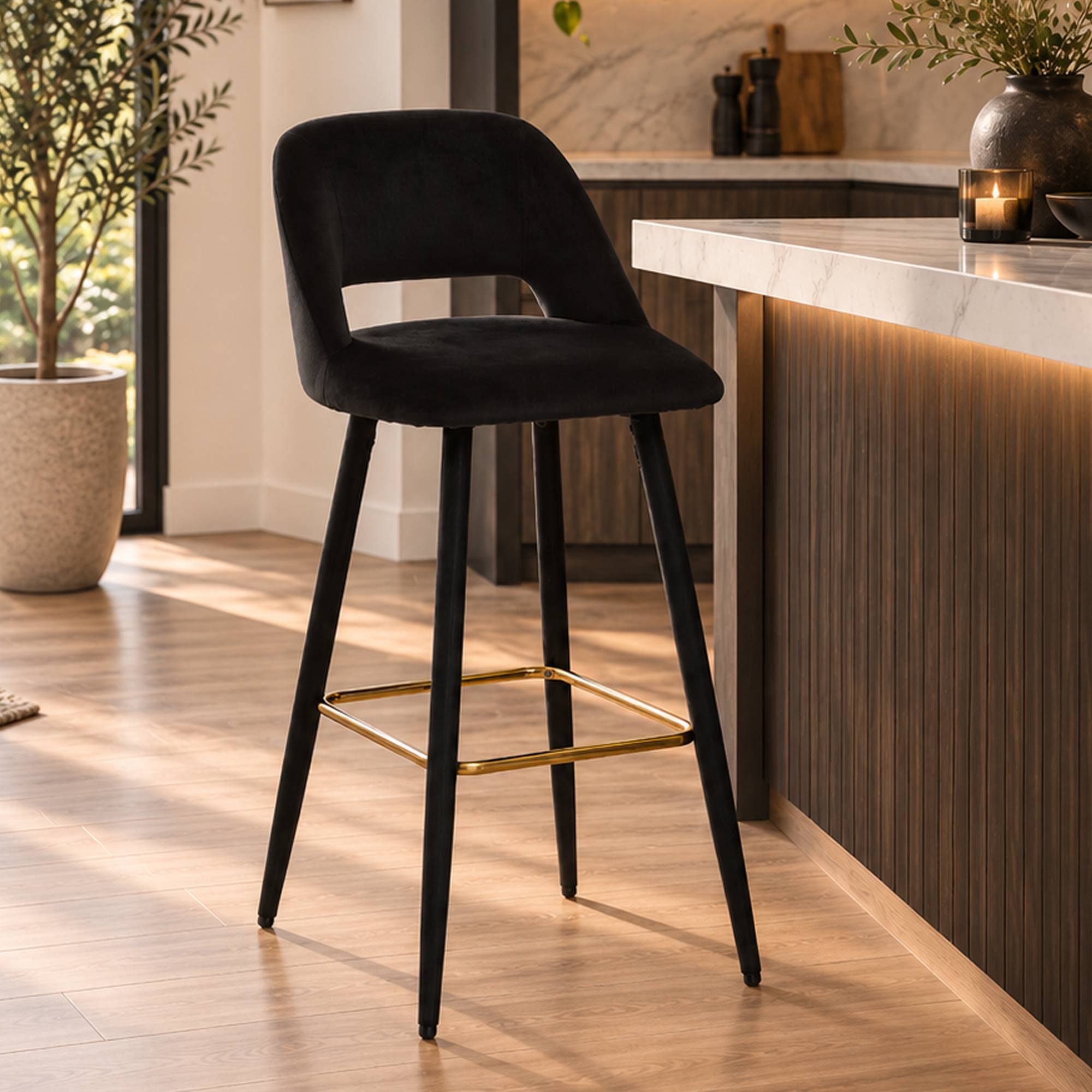 Orsina Warren Velvet Bar Chair – Black and Gold - Image 2