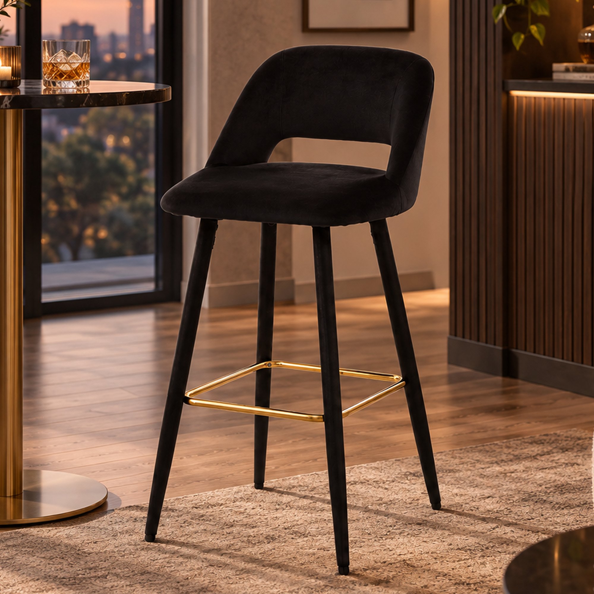 Orsina Warren Velvet Bar Chair – Black and Gold - Image 3