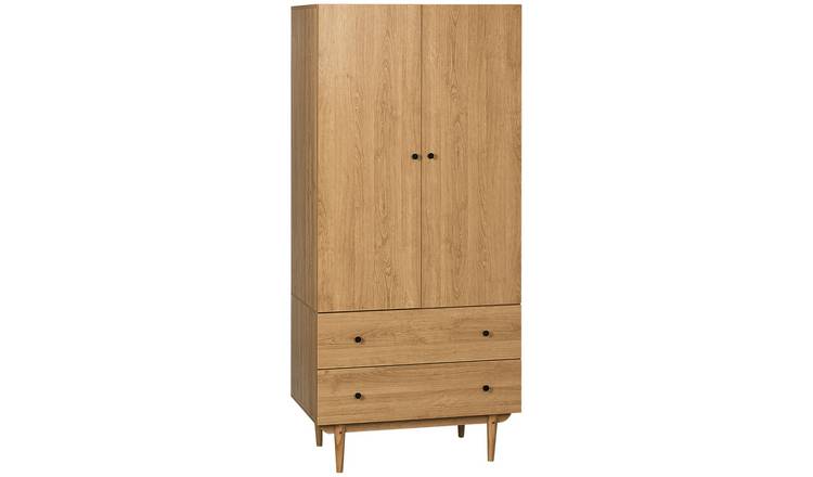 HOMCOM 2 Door Wardrobe with 2 Drawers and Hanging Rail - Natural Wood Colour