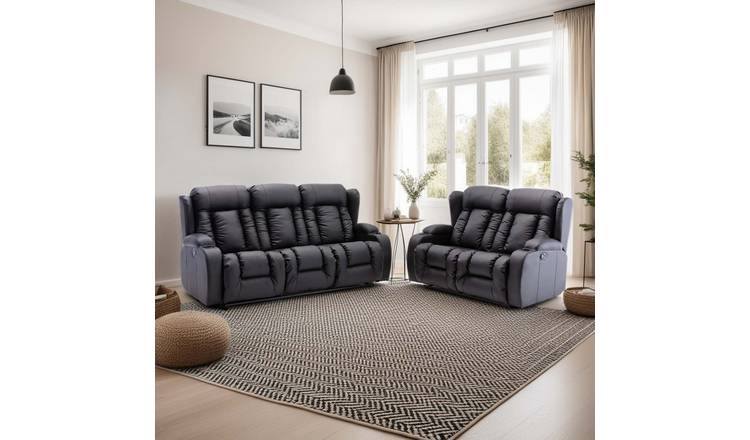 Furniture Online Caesar Manual Recliner Leather 2+3 Seater Sofa Set - Black