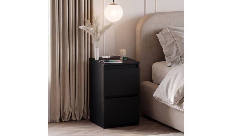 Vida Designs Denver 2 Drawer Bedside Chest with Power Outlet - Black