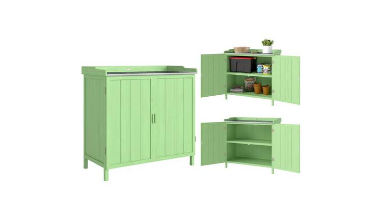 Outsunny Wooden Storage Cabinet with Galvanised Top and Two Shelves - Green