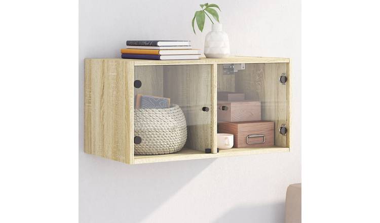Walplus Engineered Wood Glass Door Wall Cabinet - Light Oak - 68.5 x 37 x 35 cm