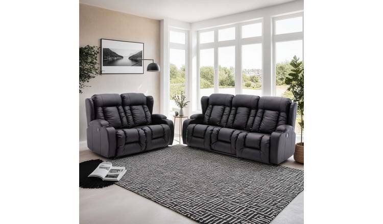 Furniture Online Caesar Electric Recliner Leather 2+3 Seater Sofa Set - Black