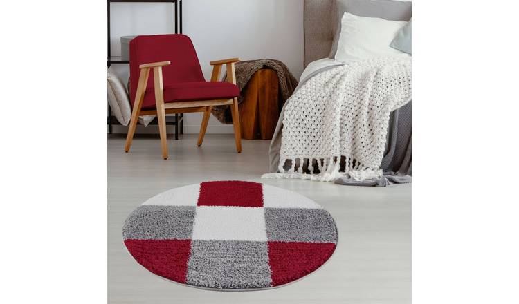 The Rugs Red Myshaggy Checkered Round Shaggy Rug - 120cm