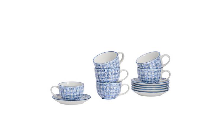 Nicola Spring 24 Piece Hand-Printed Cappuccino Cup & Saucer Set - 250ml - Navy