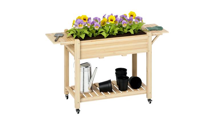 Outsunny Wooden Raised Garden Bed with Lockable Wheels - Natural Wood