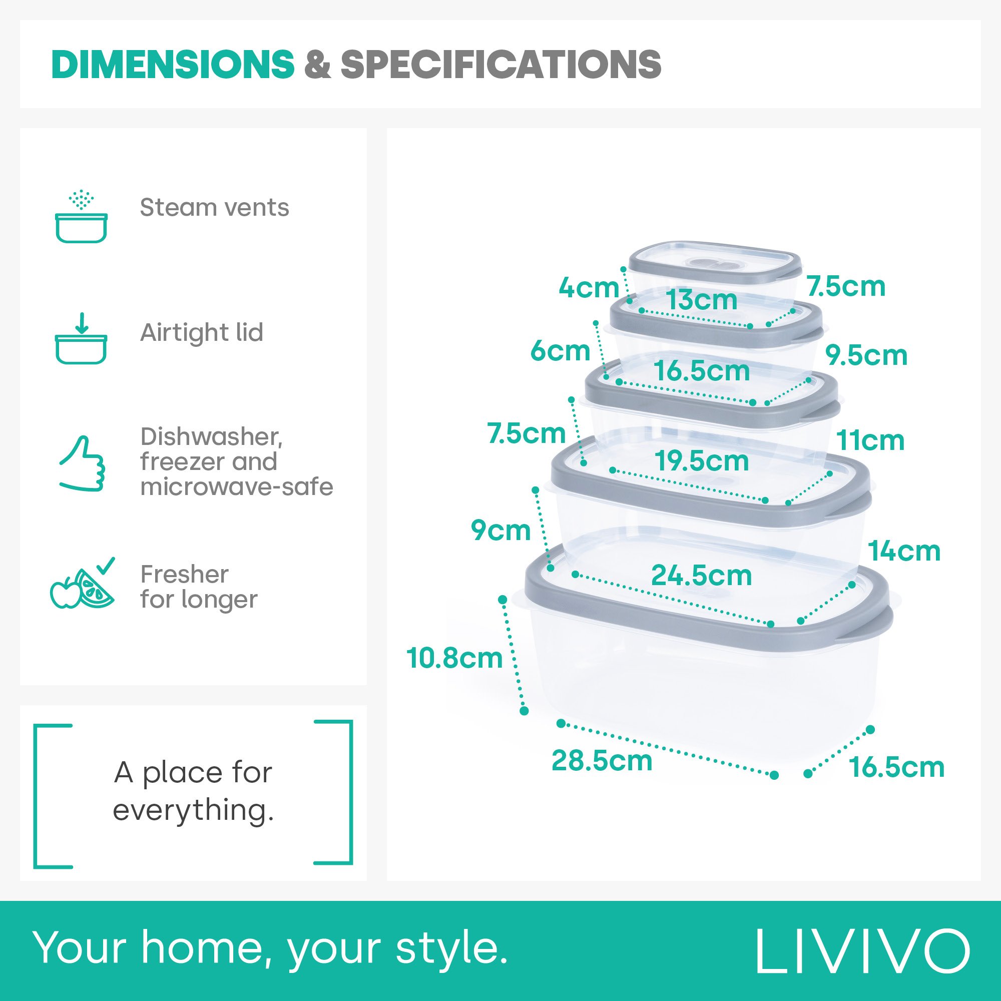 LIVIVO 5 Piece Rectangular Airtight Food Storage Container Set - Image 5