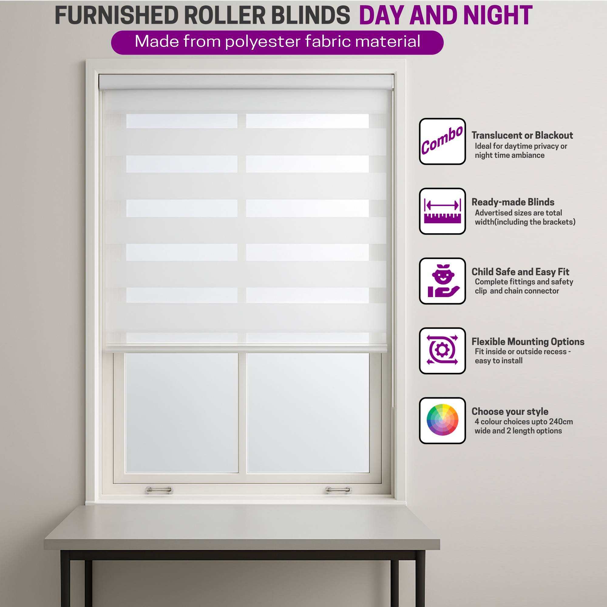 Furnished White Day and Night Roller Blind - 65cm x 210cm - Image 3