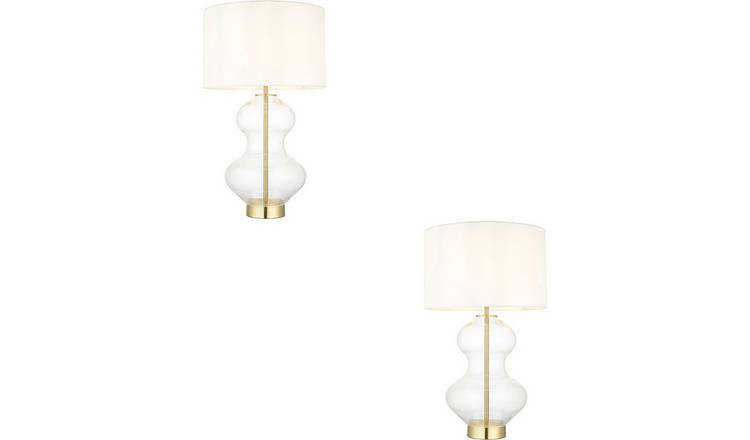 Loops Direct Pack of 2 LED Satin Brass Table Lamp - Vintage White Fabric 20W