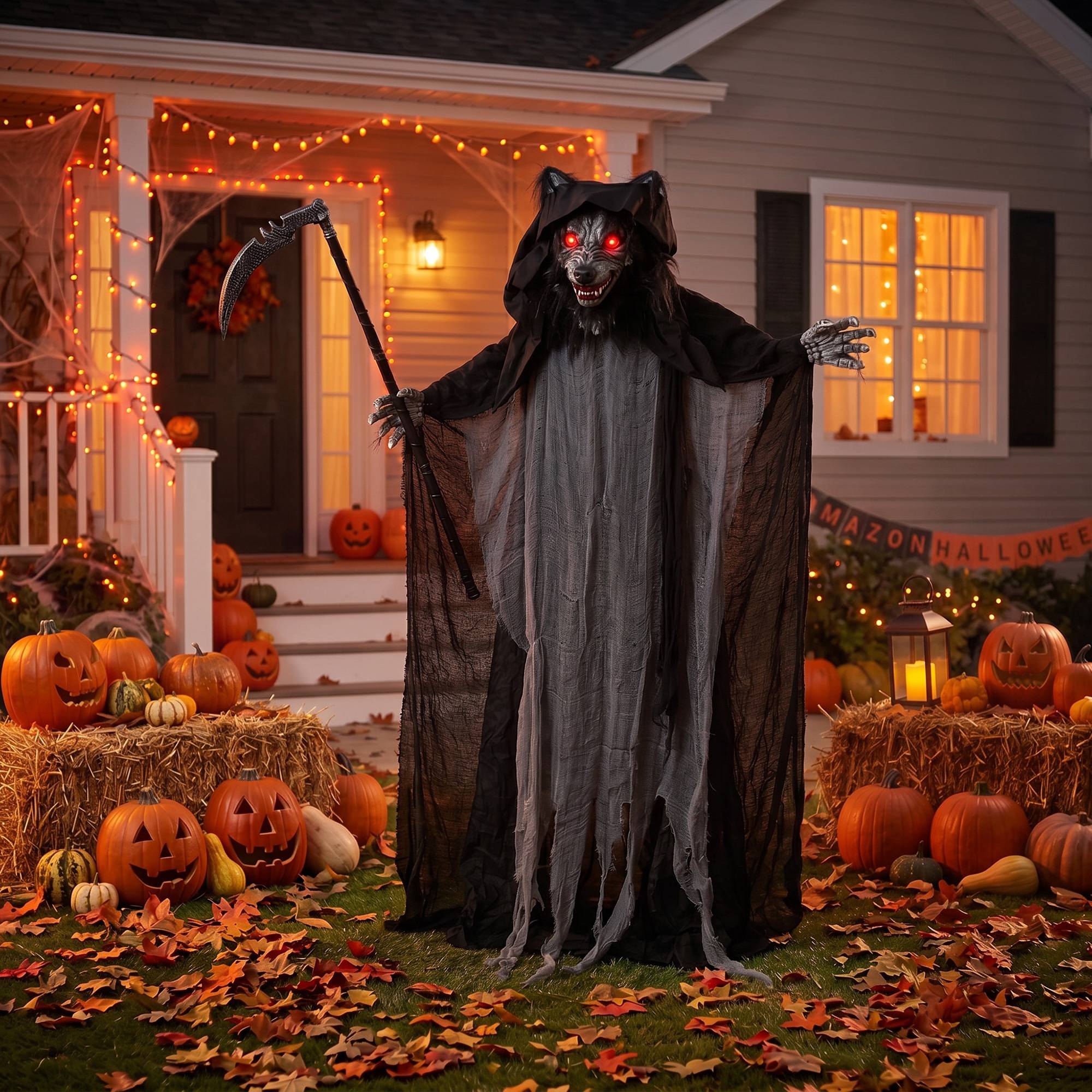 HOMCOM 5.6ft Animated Halloween Standing Werewolf with Sickle Decoration - Image 1