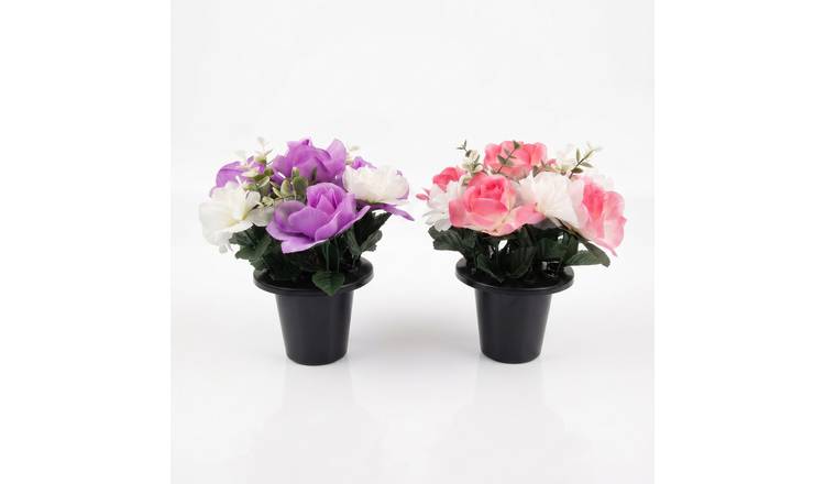 Homescapes Artificial Rose and Mimosa Gravepot Set - Purple