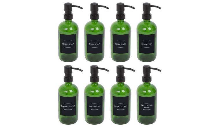 Harbour Housewares Soap Dispensers with Labels  - Green/Black - Set of 8