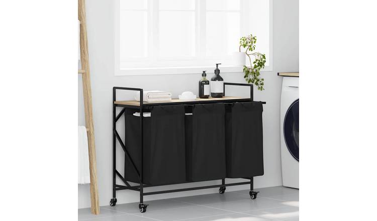 Walplus Laundry Basket 3 Compartments with Wheels - Sonoma Oak - 99 x 33 x 82 cm