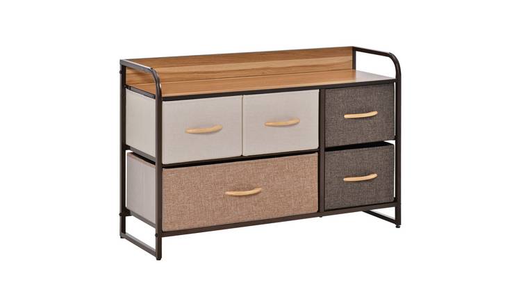 HOMCOM 5 Drawer Linen Fabric Dresser with Steel Frame and Wooden Top