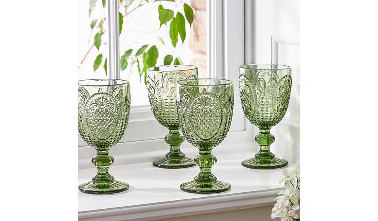 Dibor Set of 4 Fleur de Lys 310ml Glass Wine Glasses - Green