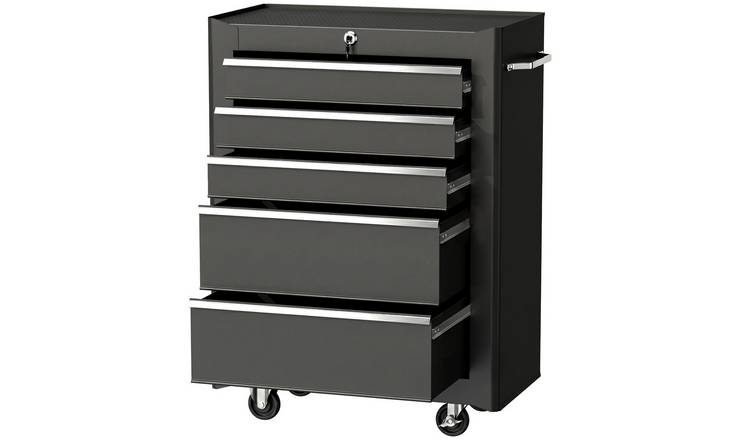 HOMCOM Lockable 5 Drawer Steel Tool Cabinet with Wheels and 2 Keys - Black