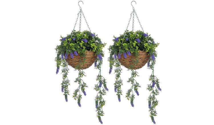 HOMCOM Set of 2 Hanging Lavender Flowers with Basket- Purple
