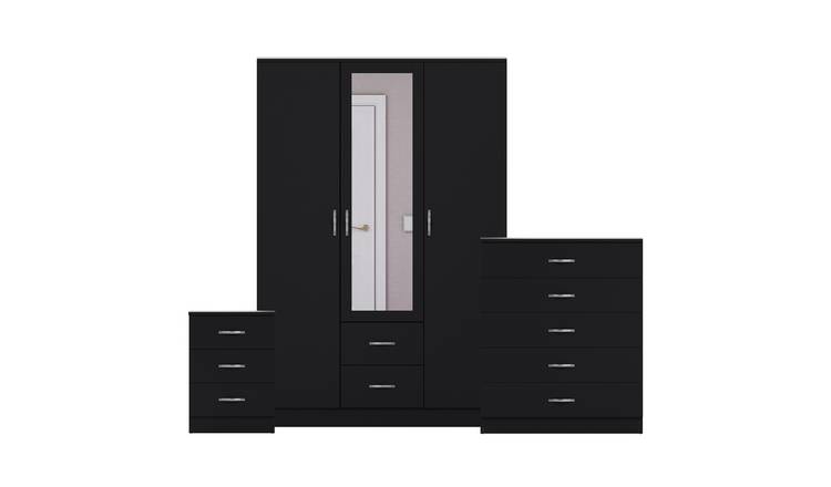 Vida Designs Riano Bedroom Set (Bedside, 5 Drawer Chest, Mirror Wardrobe)- Black