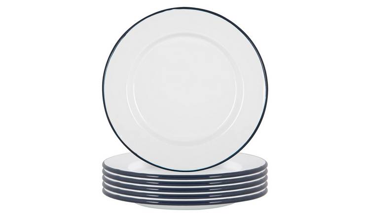 Argon Tableware White Enamel Dinner Plates - Navy - Pack of 6