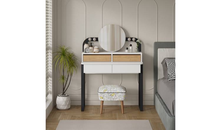 Decortie Lora Dressing Table with Mirror and 2 Drawers - White and Oak