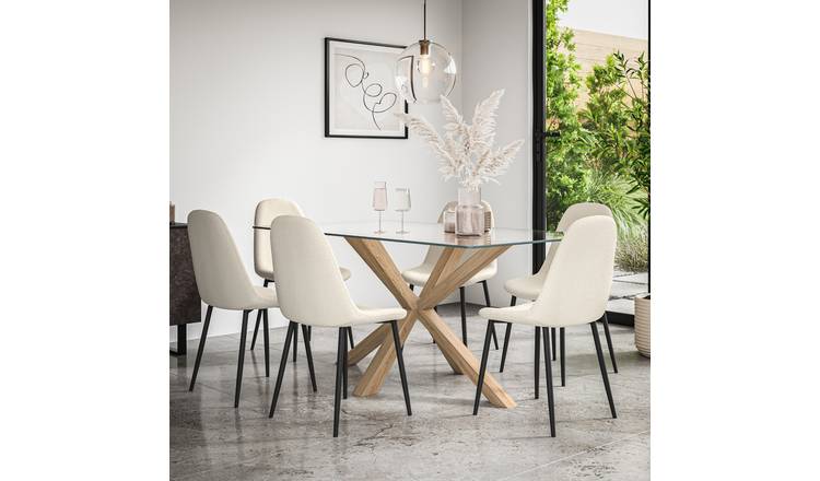 Furniture Online Etta Maya Glass Top Dining Table & 6 Ivory Chairs