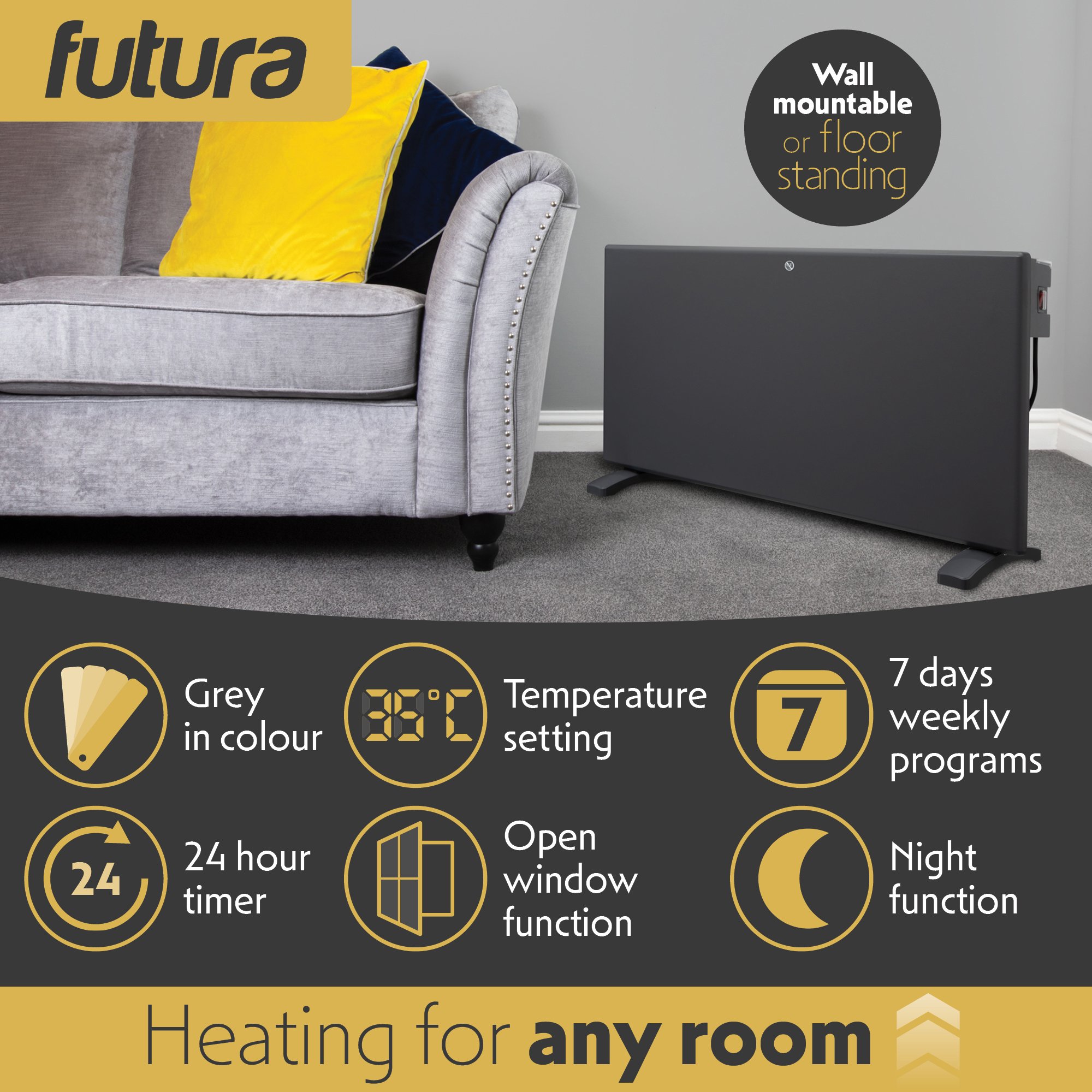 Futura 2000W Wall Mounted Panel Heater 87cm - Grey - Image 3