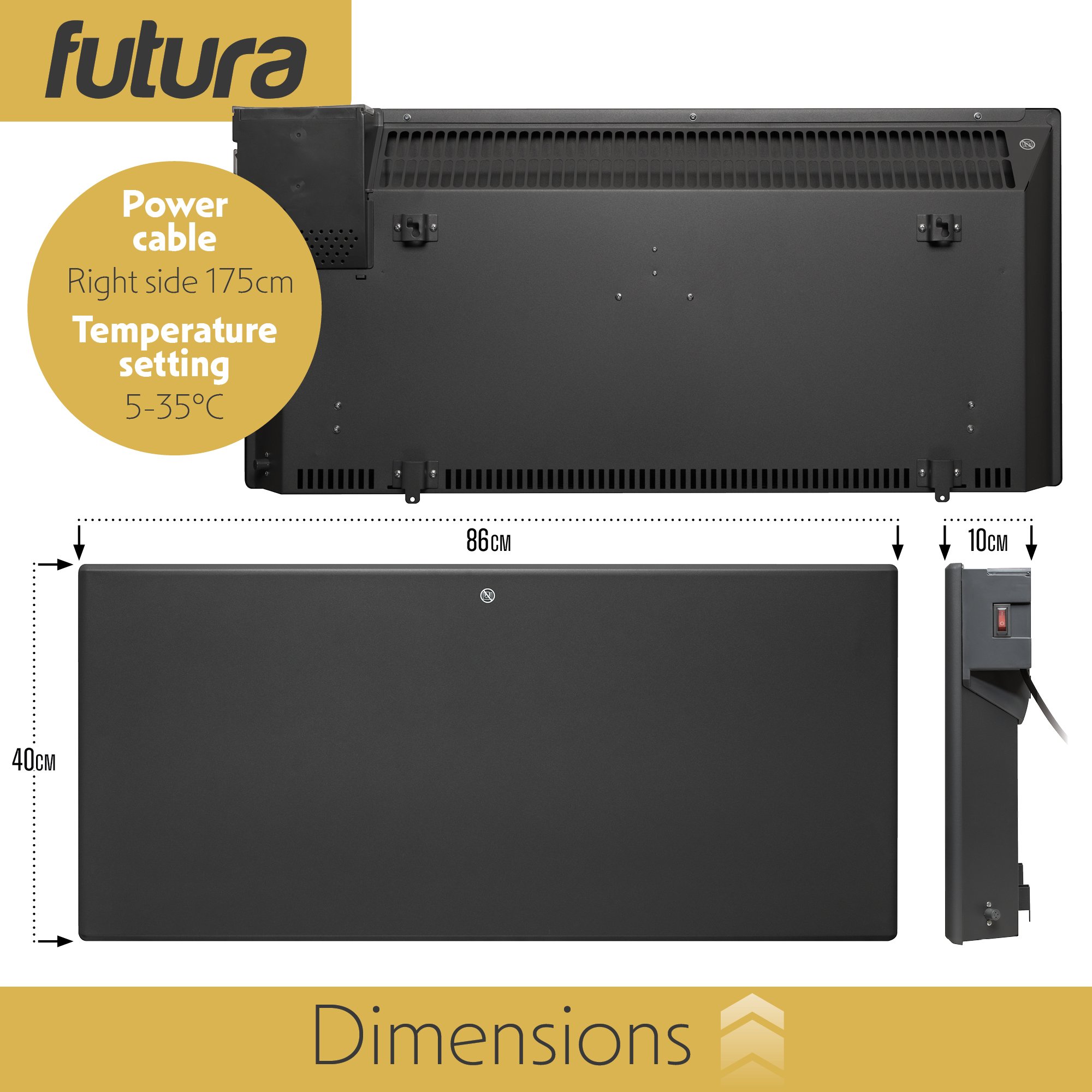 Futura 2000W Wall Mounted Panel Heater 87cm - Grey - Image 5