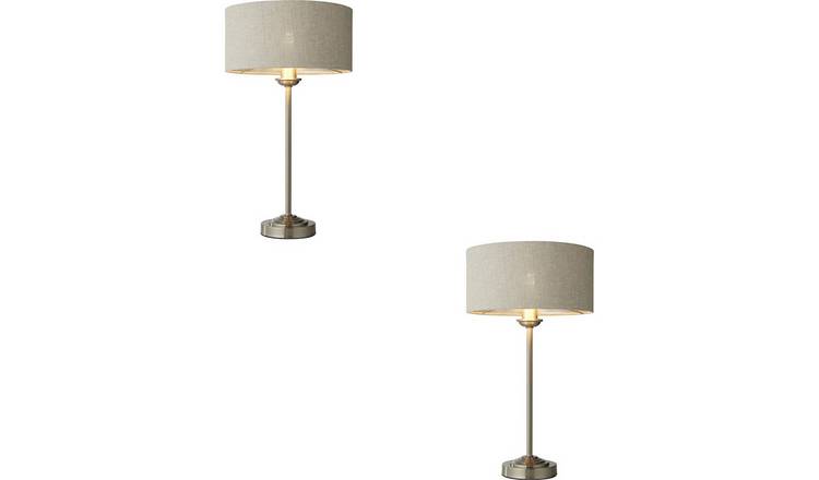 Loops Direct Pack of 2 Table Lamp - Brushed Chrome Plate Natural Linen