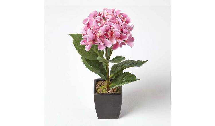 Homescapes Handcrafted Artificial Hydrangea in Matte Black Pot - Pink