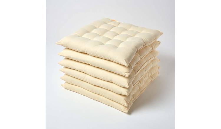 Homescapes Pack of 6 Cotton Seat Pad Chair Cushions - Cream