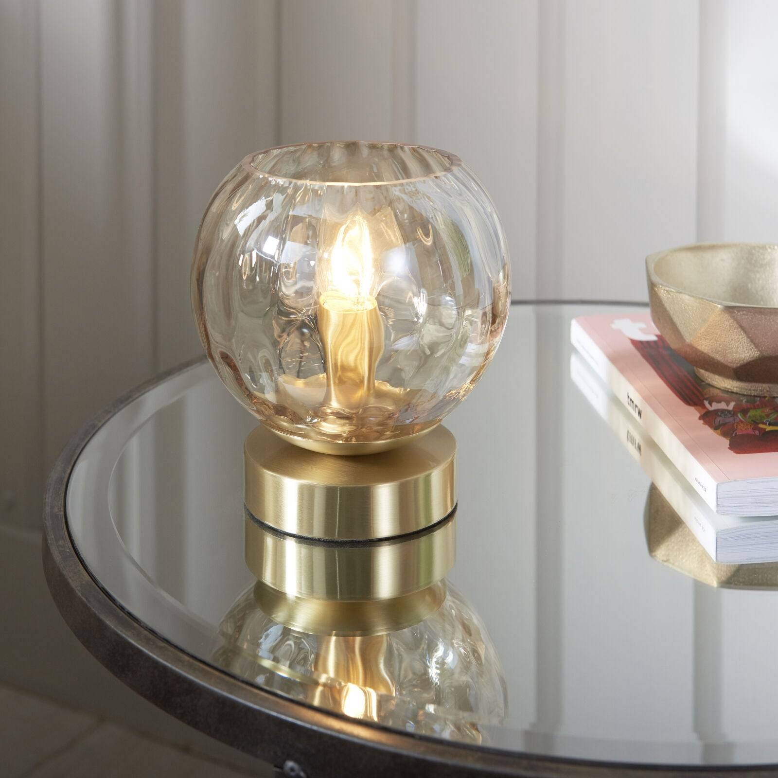 Loops Direct 14cm Satin Brass Table Lamp - Champagne Lustre Glass - Image 2