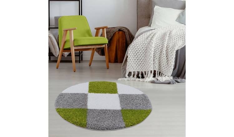 The Rugs Green Myshaggy Checkered Round Shaggy Rug - 120cm