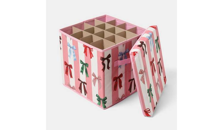 OHS Bow Print Christmas Bauble Storage Box - Pink/White