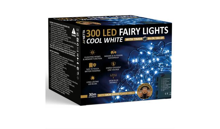 NETTA 30m 300 LED Battery Operated Christmas Fairy Lights - Cool White