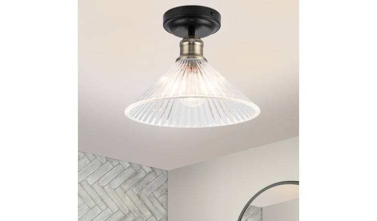Cosylyte Bowley Bathroom Ribbed Glass Ceiling Flush Light - Matt Black