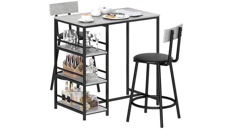 HOMCOM 3 Piece Bar Table and Faux Leather Bar Stools - Light Grey