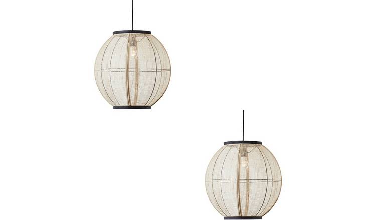 Loops Direct Set of 2 LED Wood Fabric Pendant Light - Natural Linen